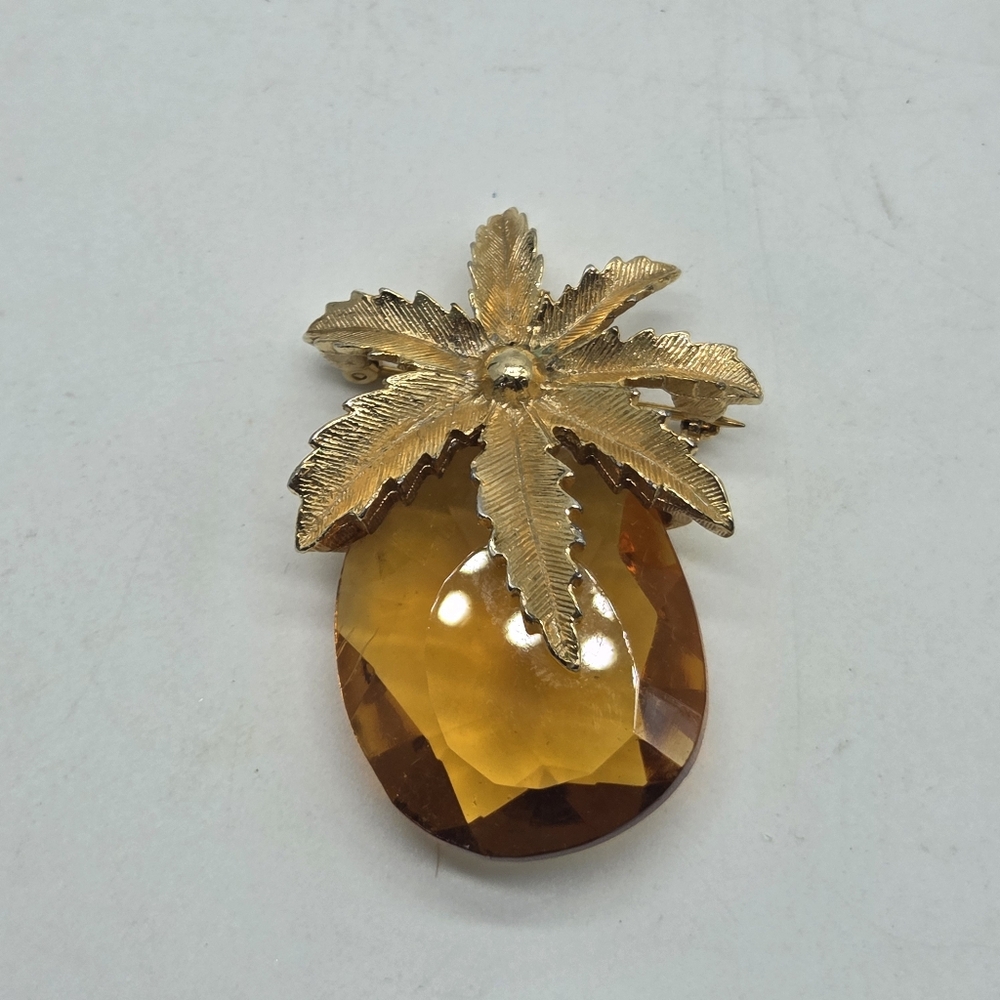 vtg sarah coventry pineapple amber faceted glass brooch dimensional gold tone